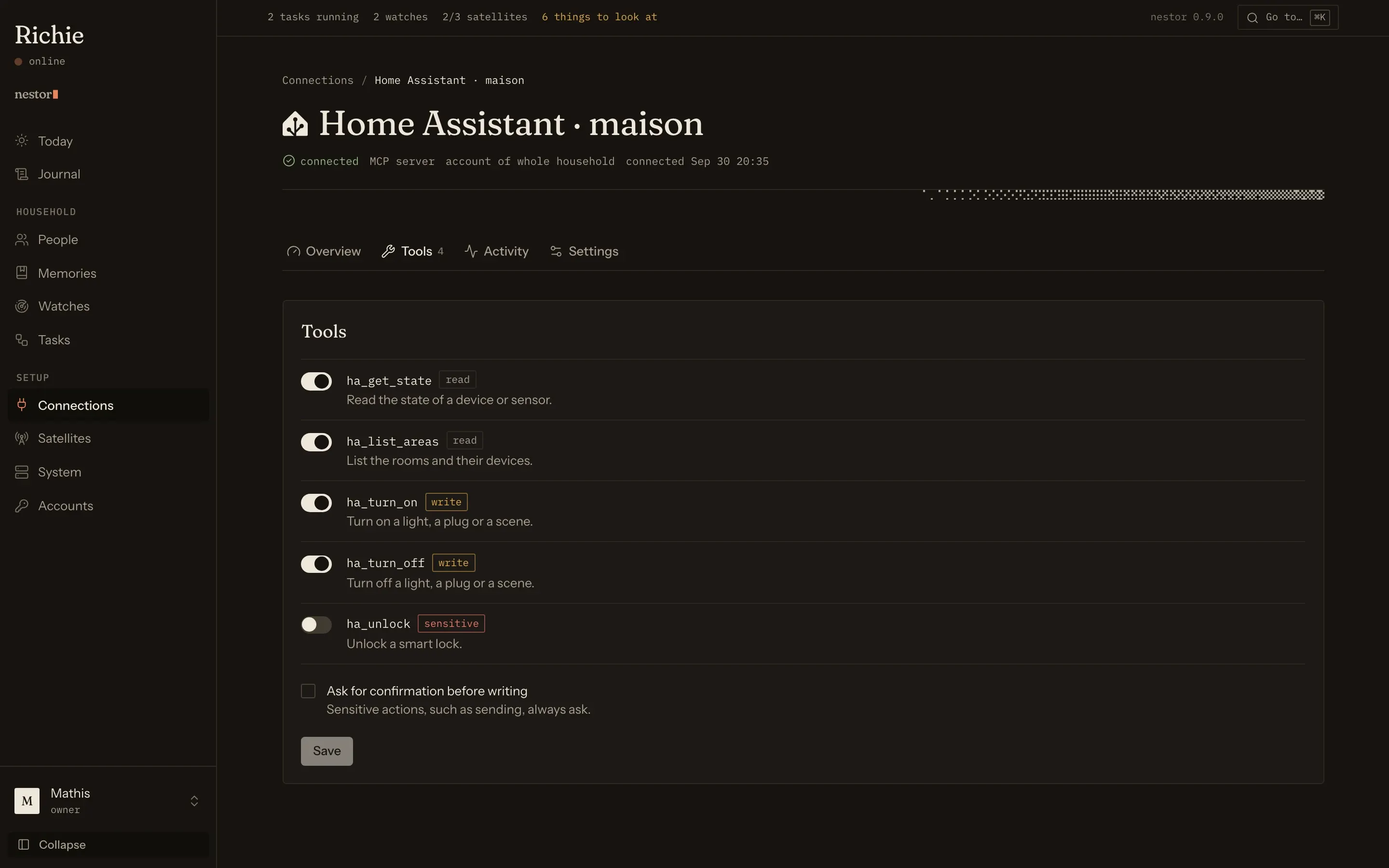A connection in the admin, with its tools and their permissions.