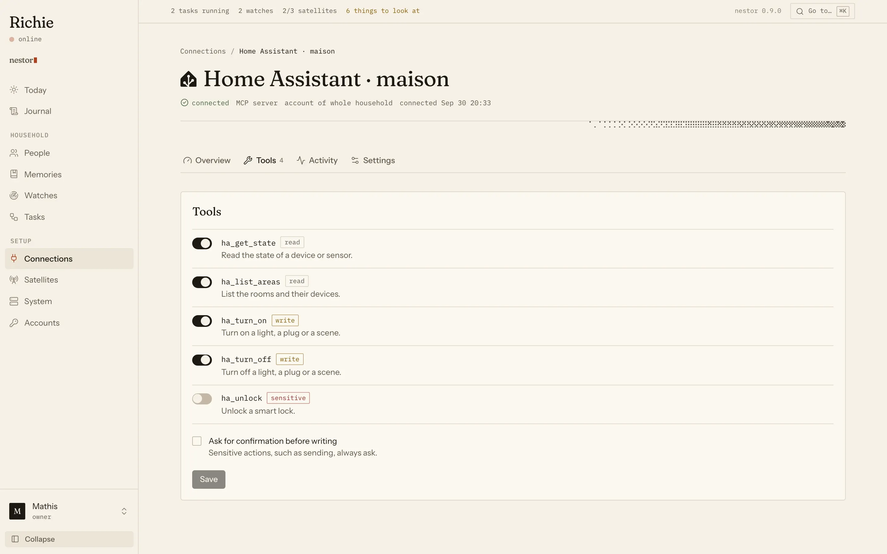 A connection in the admin, with its tools and their permissions.
