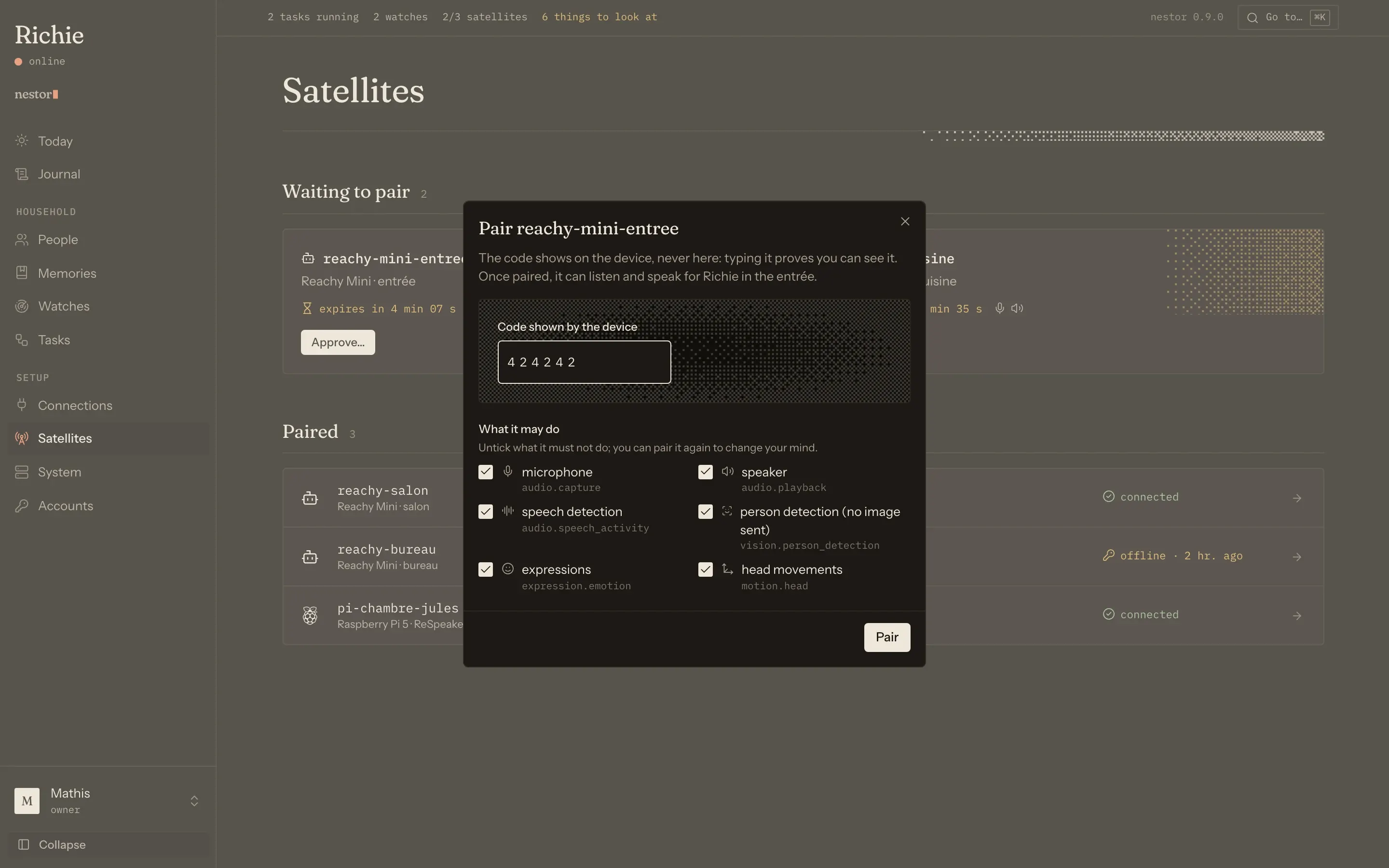 Satellites in the admin: one online, one waiting for its code.