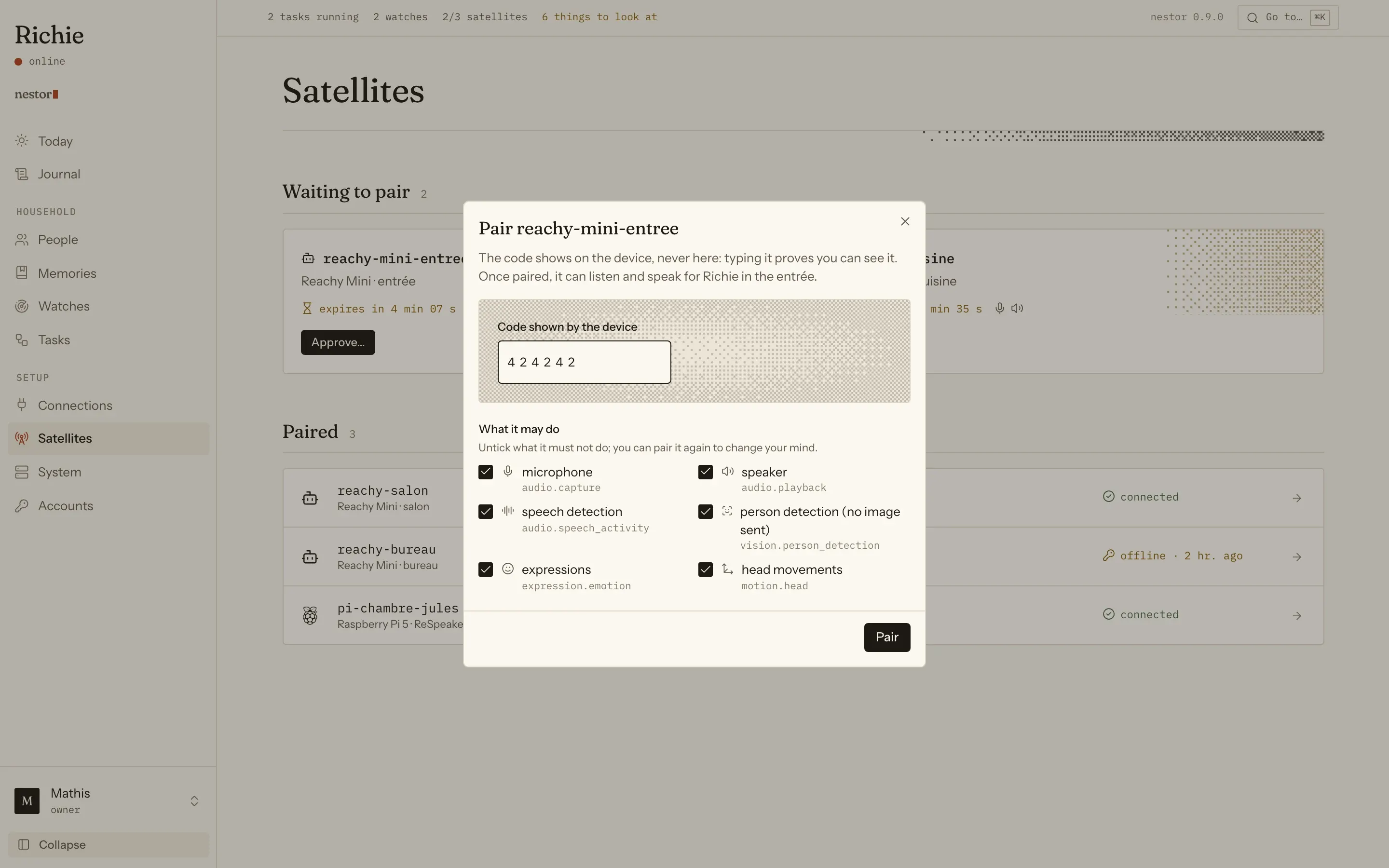 Satellites in the admin: one online, one waiting for its code.