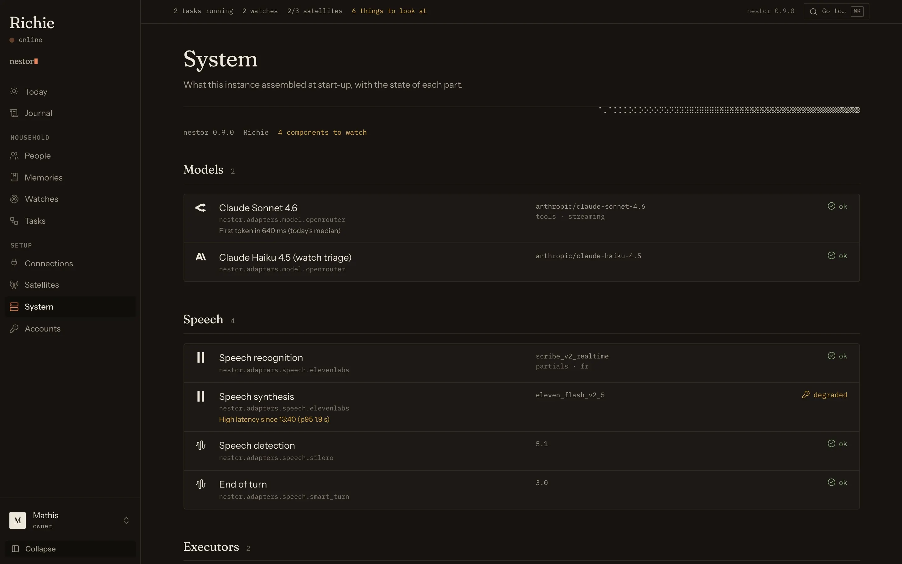 The system page: every adapter, its health and what it declares.