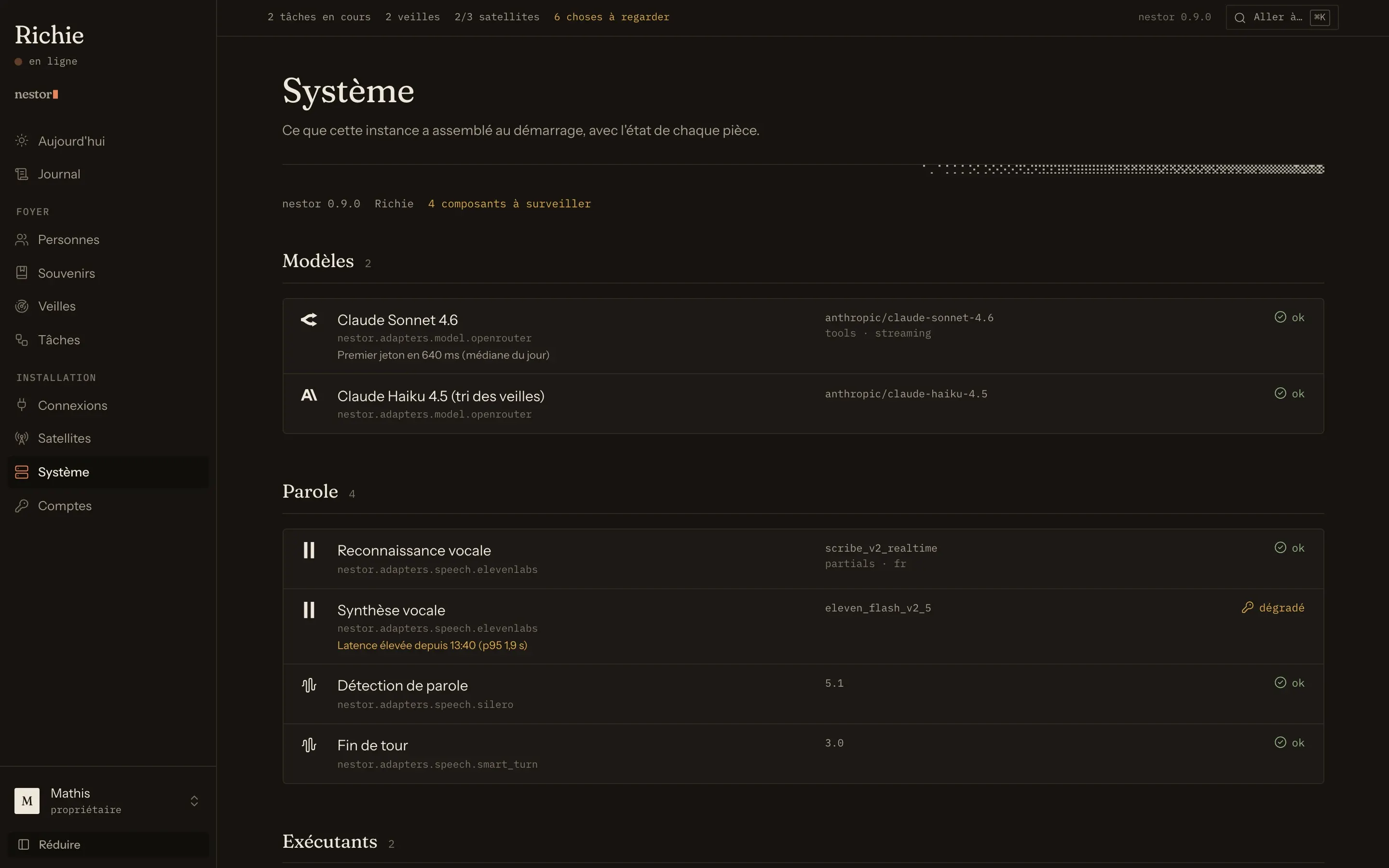 La page Système : chaque adaptateur, sa santé et ce qu’il déclare.