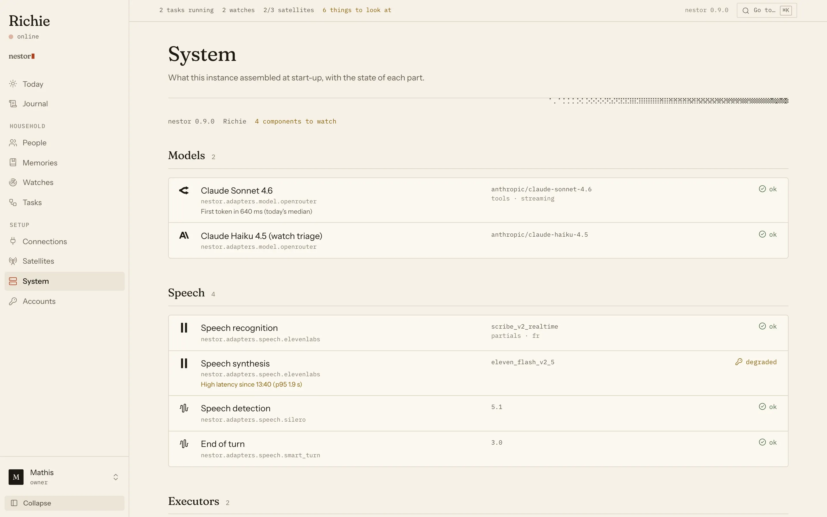 The system page: every adapter, its health and what it declares.
