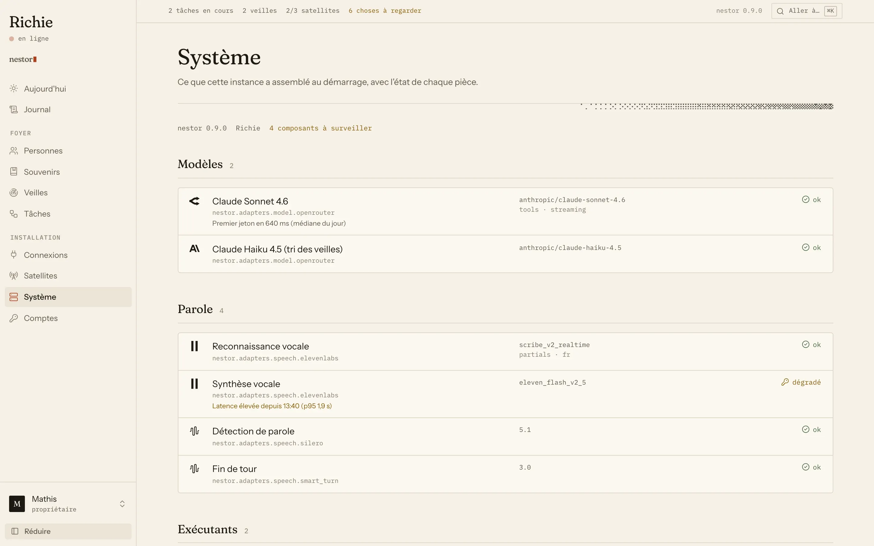 La page Système : chaque adaptateur, sa santé et ce qu’il déclare.
